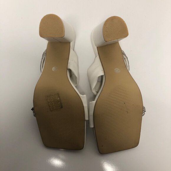 White Rhinestone Embellished Square Toe Heeled Sandals Womens Sz 8 Elegant Shoes - Picture 7 of 7